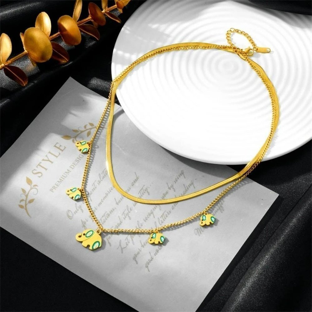 Color Drawing 5 Elephants Charm 2-Layer Choker Necklaces - Picture 4 of 6